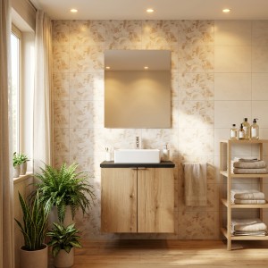 Ensemble VANO chêne et noir 50cm : meuble sous vasque à placards, plan pour vasque noir et vasque à poser mis en situation