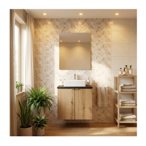 Ensemble VANO chêne et noir 50cm : meuble sous vasque à placards, plan pour vasque noir et vasque à poser mis en situation