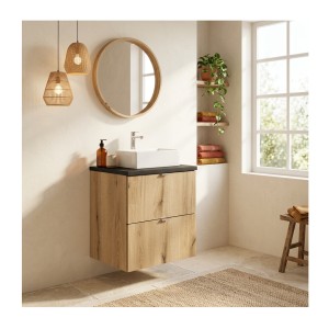 Ensemble VANO chêne et noir 50cm : meuble sous vasque à tiroirs et plan pour vasque noir mis en situation