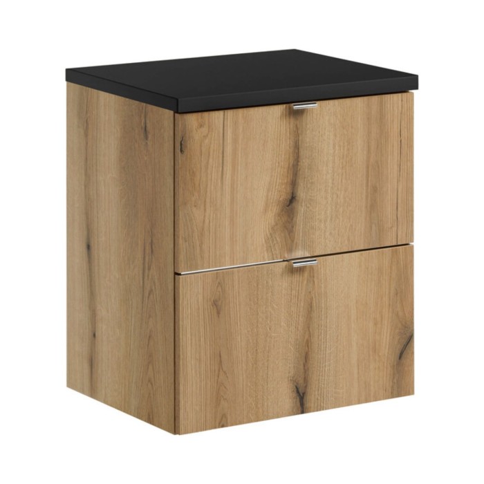 Conjunto de baño suspendido VANO acabado en roble y negro 50cm: muebles bajo lavabo con cajones + encimera para lavabo