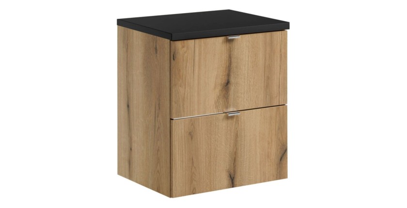 Ensemble VANO chêne et noir 50cm : meuble sous vasque à tiroirs et plan pour vasque noir