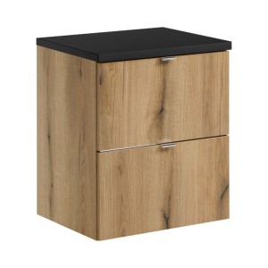 Ensemble VANO chêne et noir 50cm : meuble sous vasque à tiroirs et plan pour vasque noir