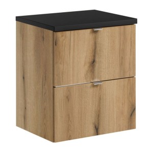 Ensemble VANO chêne et noir 50cm : meuble sous vasque à tiroirs et plan pour vasque noir