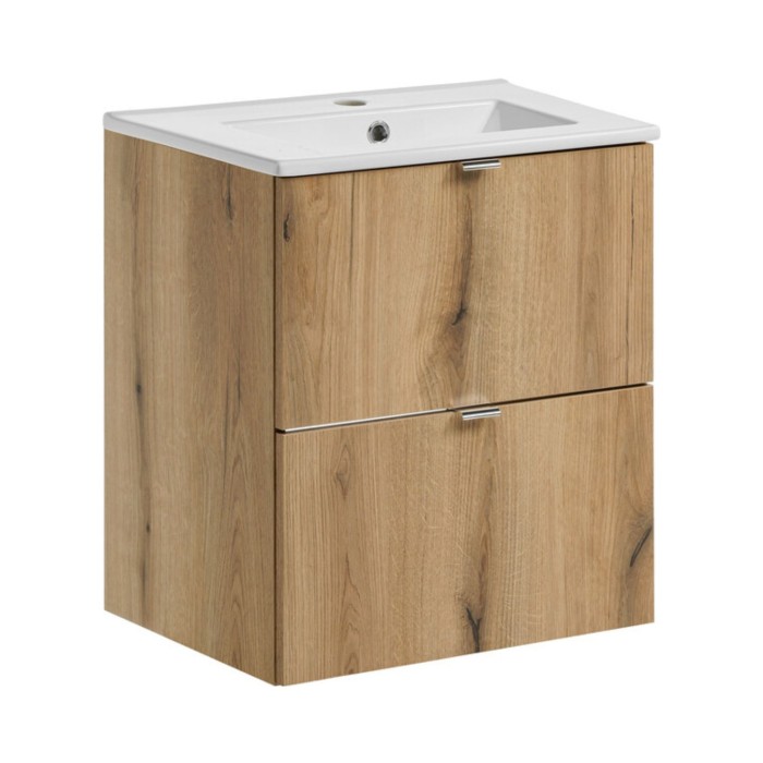 Conjunto de baño suspendido VANO acabado en roble y blanco 50cm: muebles bajo lavabo con cajones + lavabo integrado