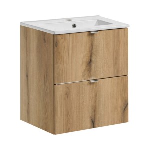 Ensemble VANO chêne et blanc 50cm : meuble sous vasque à tiroirs et vasque encastrée