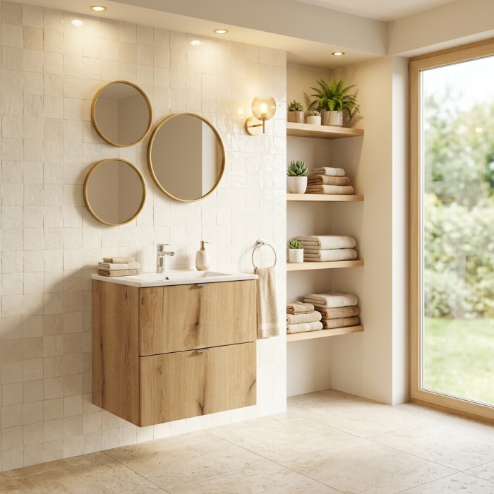 Conjunto de baño suspendido VANO acabado en roble y blanco 50cm: muebles bajo lavabo con cajones + lavabo integrado