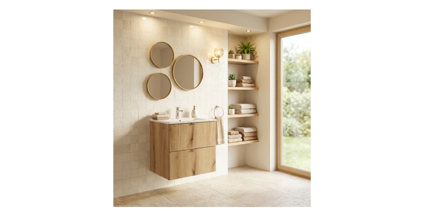 Ensemble VANO chêne et blanc 50cm : meuble sous vasque à tiroirs et vasque encastrée mis en situation