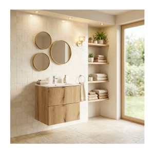 Ensemble VANO chêne et blanc 50cm : meuble sous vasque à tiroirs et vasque encastrée mis en situation