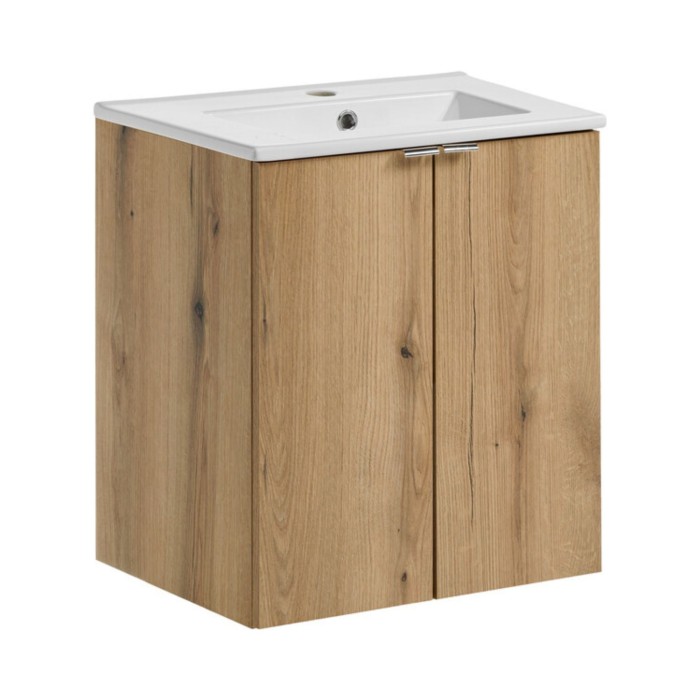 Conjunto de baño colgante VANO aspecto roble y blanco 50cm: mueble bajo lavabo con armarios + lavabo encastrado