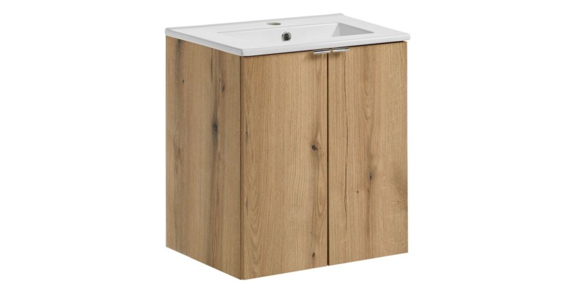 Ensemble VANO chêne et blanc 50cm : meuble sous vasque à placards et vasque encastrée