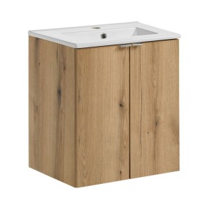 Ensemble VANO chêne et blanc 50cm : meuble sous vasque à placards et vasque encastrée