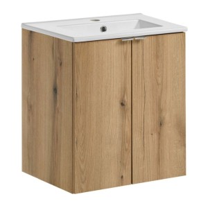 Ensemble VANO chêne et blanc 50cm : meuble sous vasque à placards et vasque encastrée