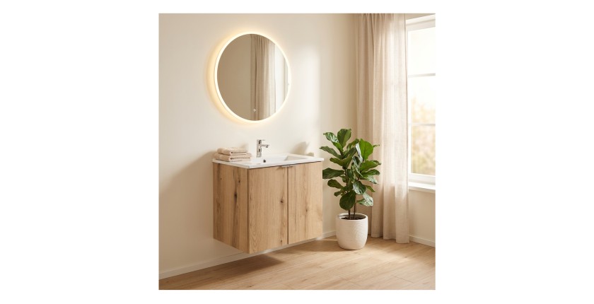 Ensemble VANO chêne et blanc 50cm : meuble sous vasque à placards et vasque encastrée mis en situation