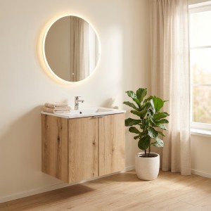Ensemble VANO chêne et blanc 50cm : meuble sous vasque à placards et vasque encastrée mis en situation