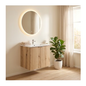 Ensemble VANO chêne et blanc 50cm : meuble sous vasque à placards et vasque encastrée mis en situation