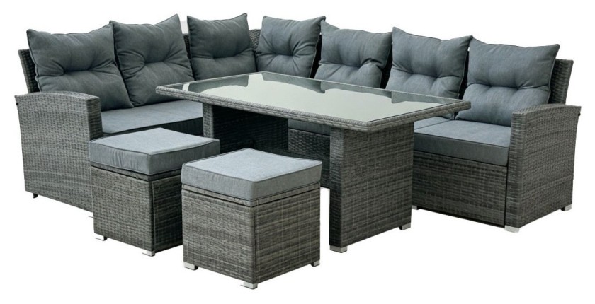 Salon de jardin ASTORIA 9 places gris foncé avec canapé d’angle, poufs et table