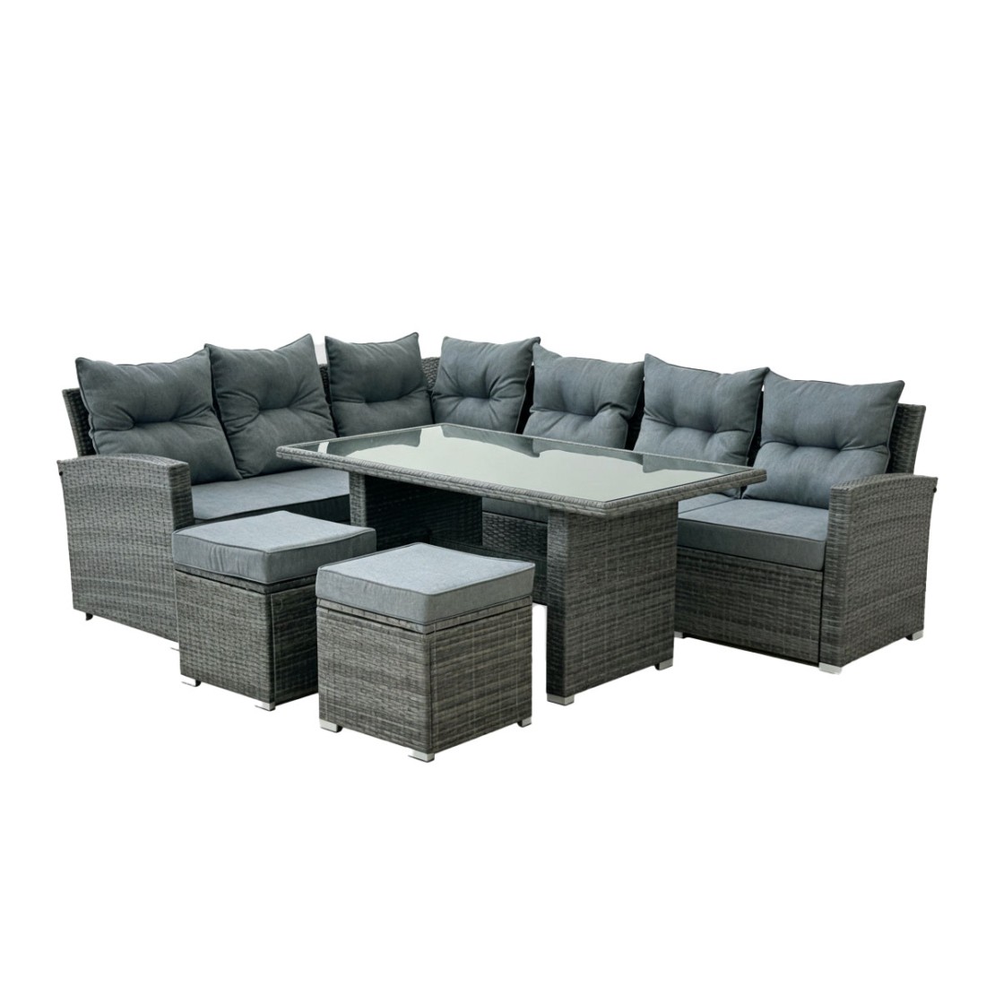 Salon de jardin ASTORIA 9 places gris foncé avec canapé d’angle, poufs et table