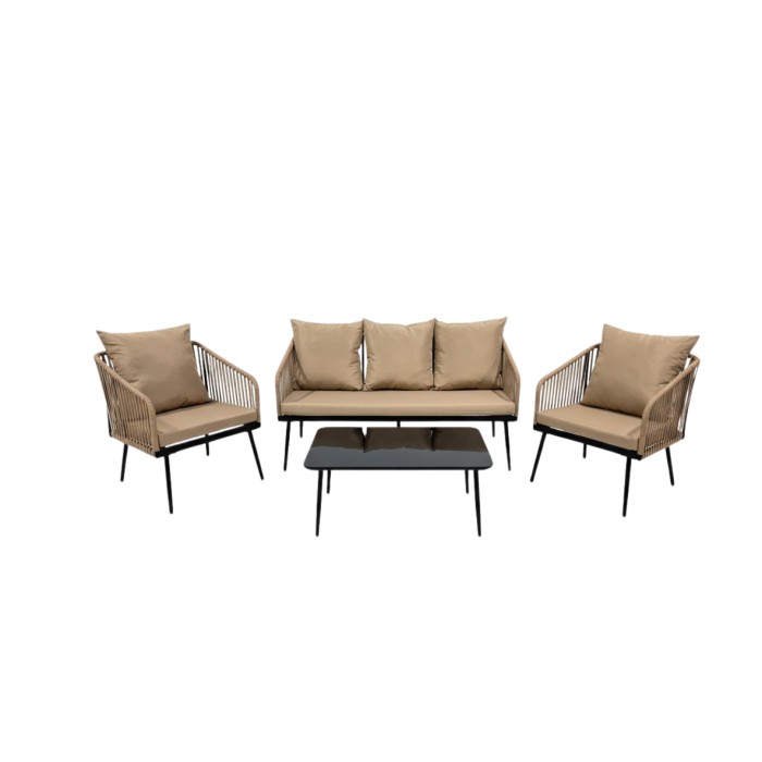 Salon de jardin 4 places STRAPA beige avec corde tressée et table basse