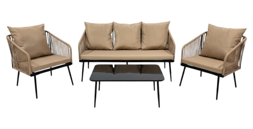 Salon de jardin 4 places STRAPA beige avec corde tressée et table basse