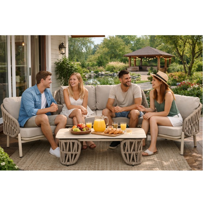Set da giardino 4 posti CORDIA beige in alluminio con divano, poltrone e tavolino