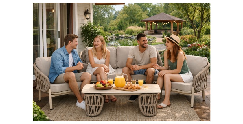 Gartenset CORDIA beige Aluminium für 4 Personen mit Sofa, Sesseln und Couchtisch