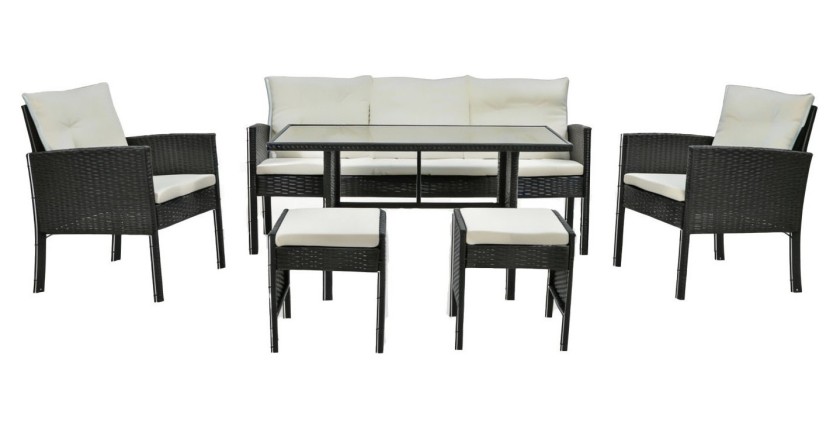 Salon de jardin LUXORIA 7 places noir et crème avec canapé, fauteuils, poufs et table