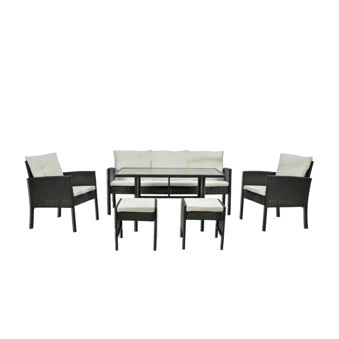 Salon de jardin LUXORIA 7 places noir et crème avec canapé, fauteuils, poufs et table