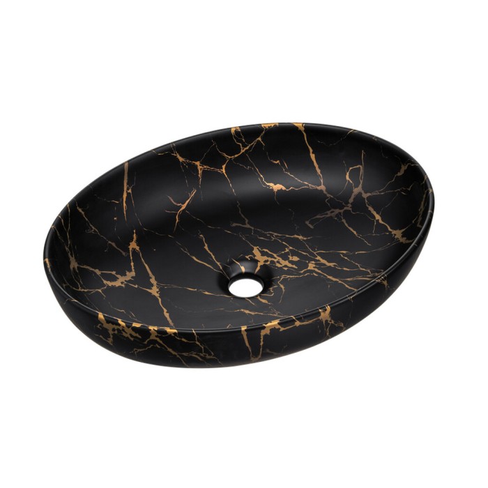 Ovales Aufsatzwaschbecken 52x39,5 cm schwarz und gold Marmor-Effekt aus Keramik