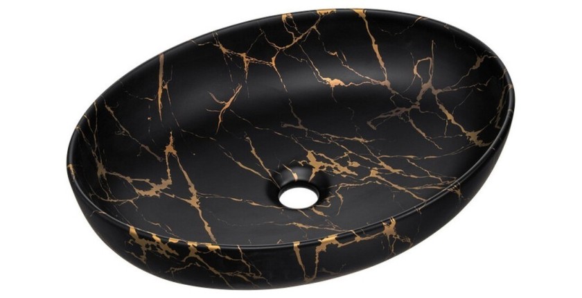 Vasque à poser ovale 52x39,5 cm noir et doré effet marbre en céramique