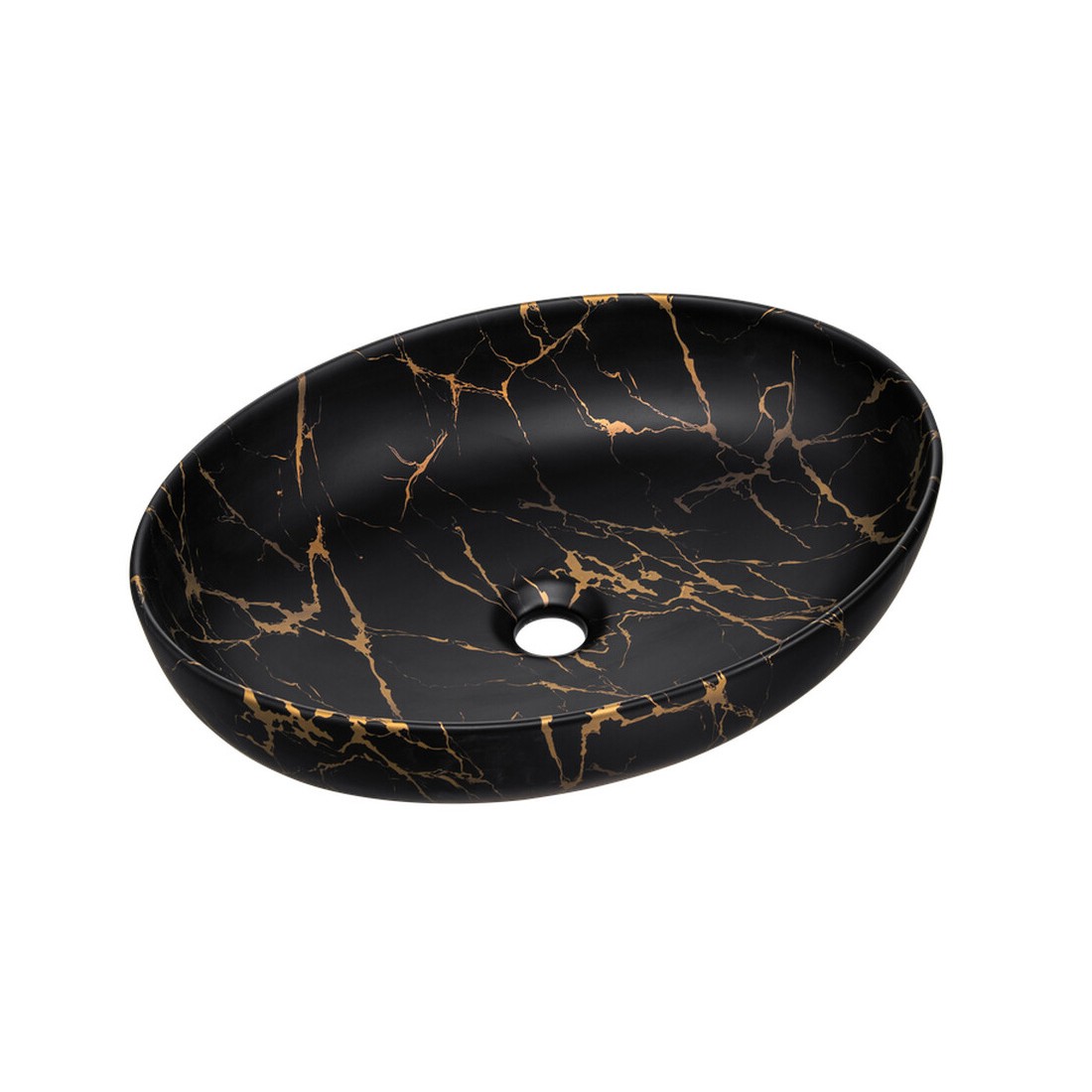 Vasque à poser ovale 52x39,5 cm noir et doré effet marbre en céramique