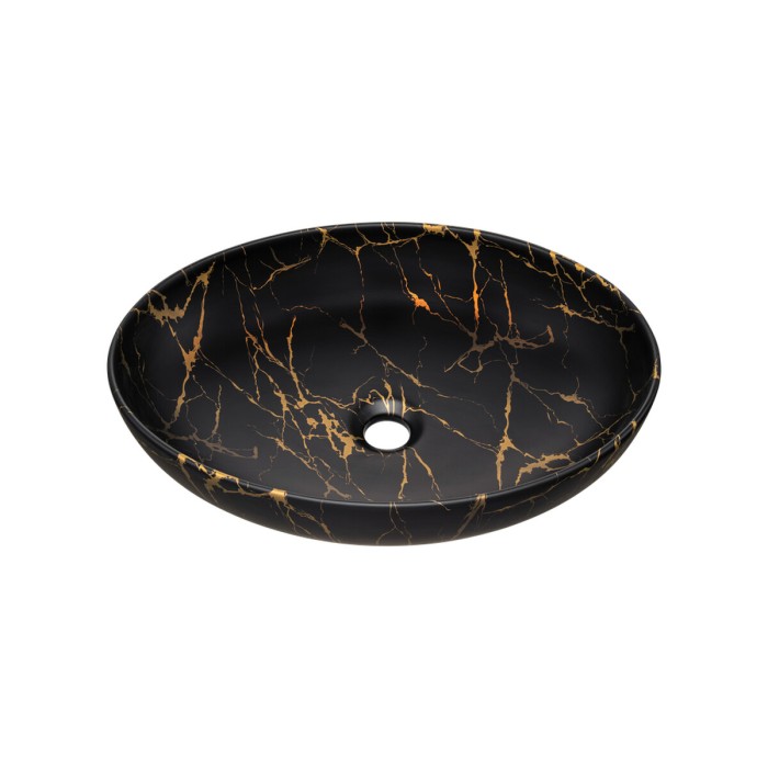 Lavabo da appoggio ovale 52x39,5 cm nero e dorato effetto marmo in ceramica