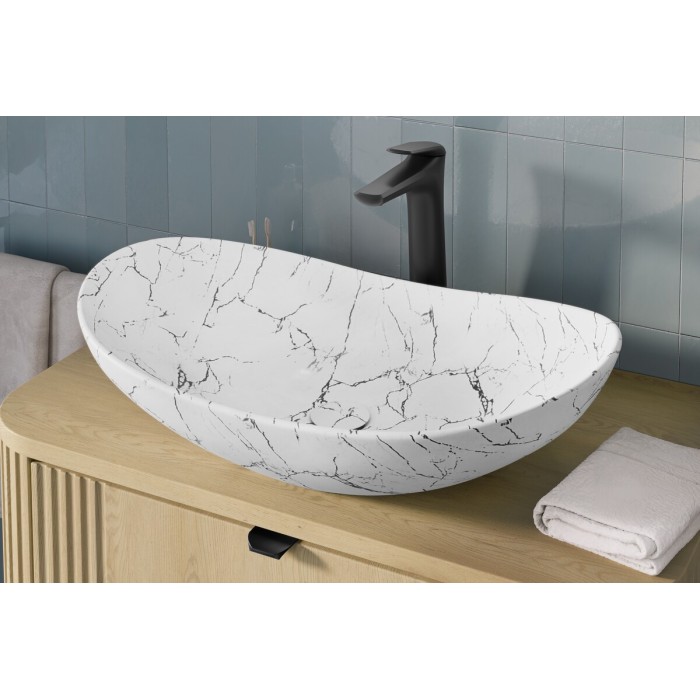 Lavabo da appoggio ovale 61,5x36 cm bianco effetto marmo in ceramica opaca