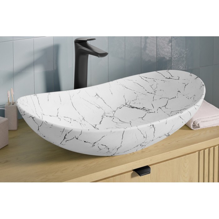 Lavabo da appoggio ovale 61,5x36 cm bianco effetto marmo in ceramica opaca