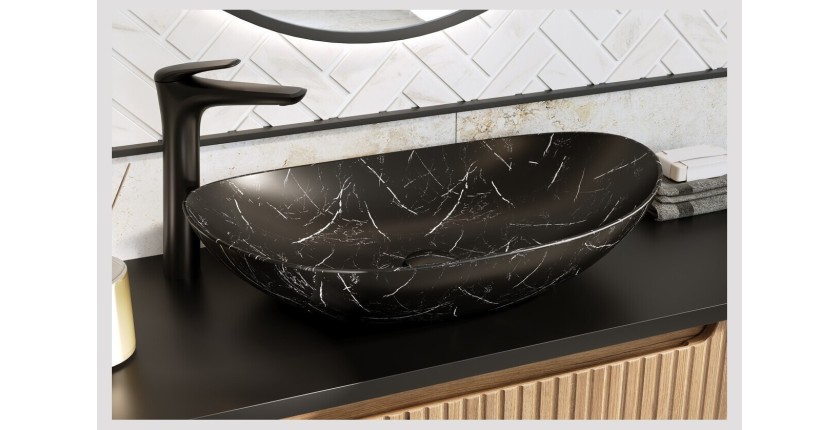 Vasque à poser ovale 61,5x36 cm noir effet marbre en céramique mate