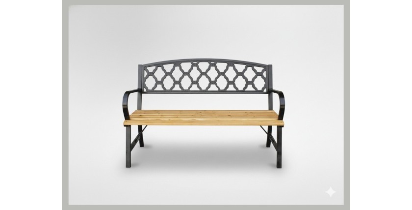 Banc d’extérieur FERONA 120 cm bois et acier noir avec dossier décoratif 