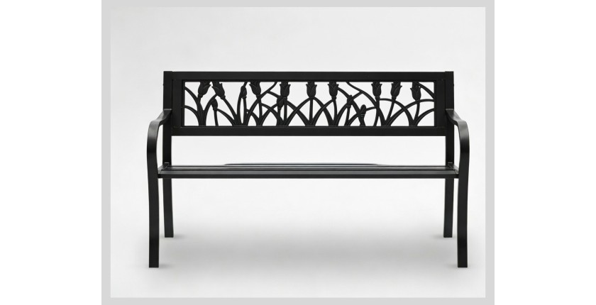 Banc d’extérieur FERONA 125 cm acier noir motif tulipes design jardin 