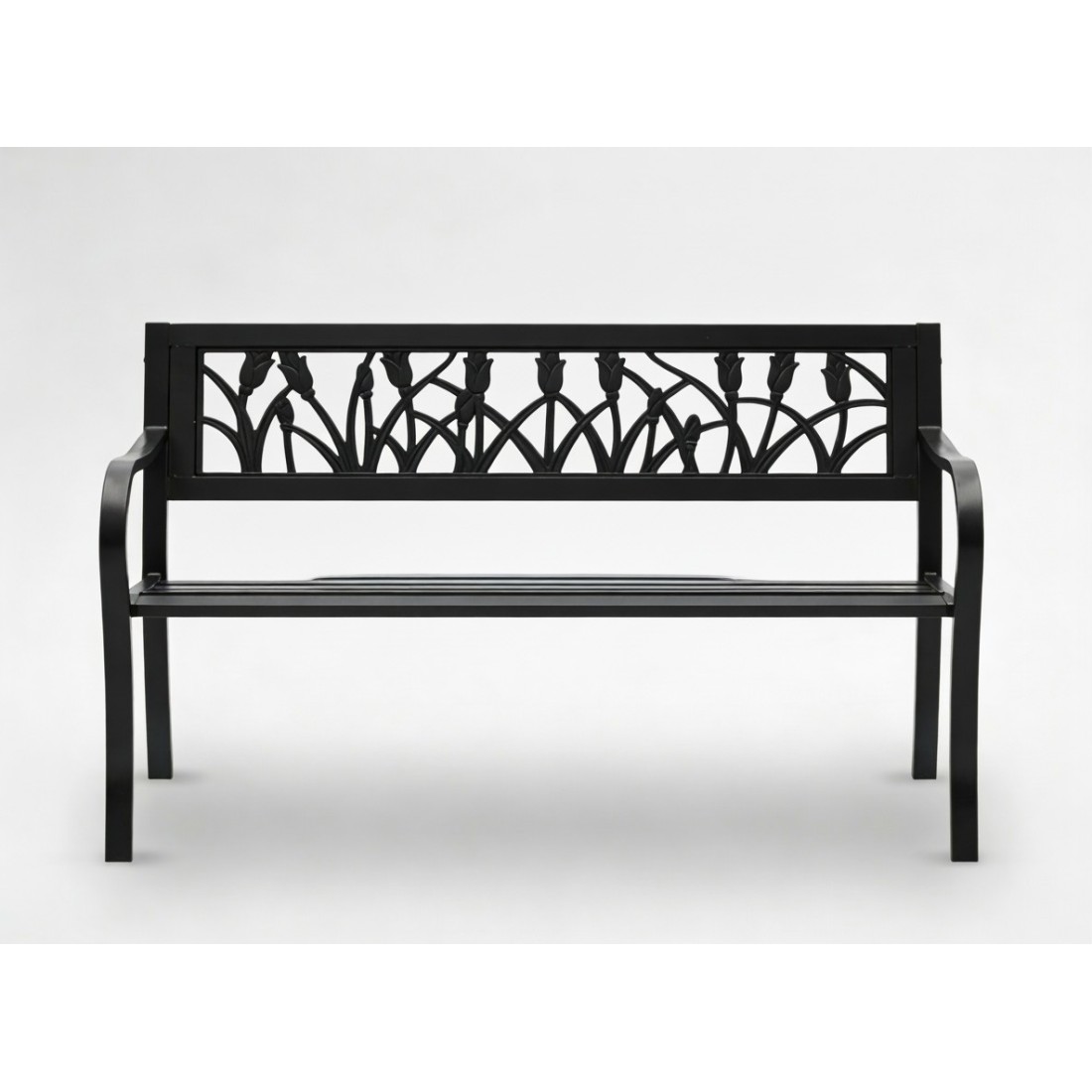 Banc d’extérieur FERONA 125 cm acier noir motif tulipes design jardin 