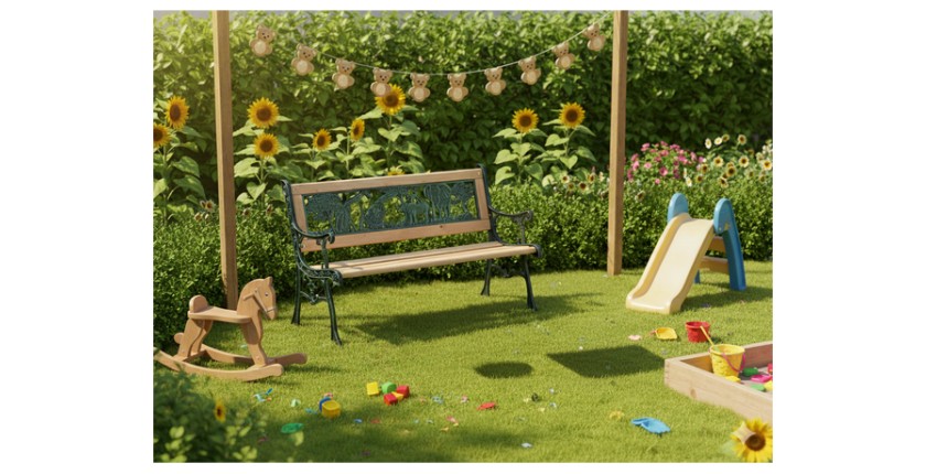 Banc d’extérieur enfant ANIMA 82 cm bois et fonte verte jardin