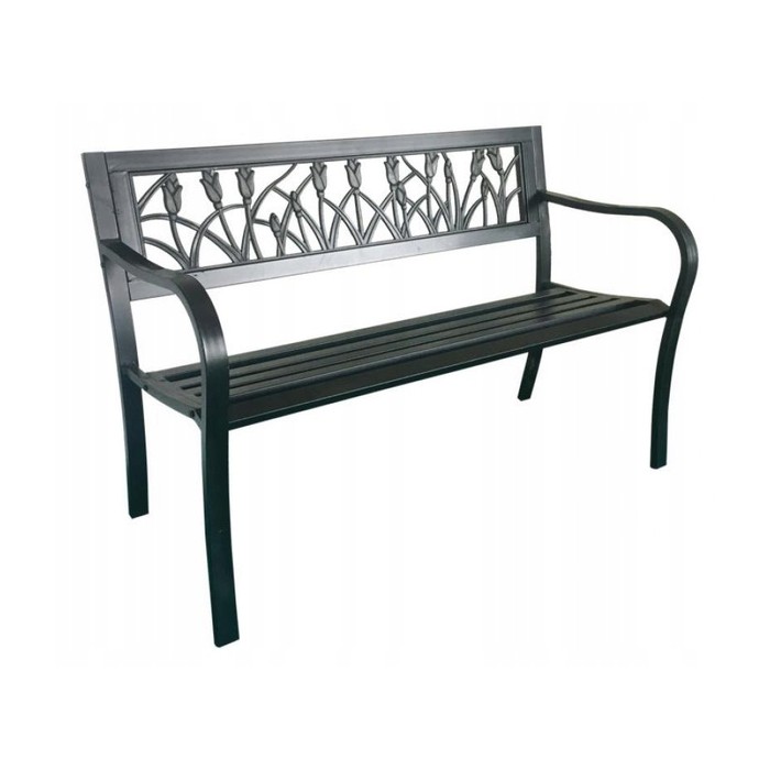 Außenbank FERONA 125 cm Stahl schwarz Tulpenmuster Design Garten