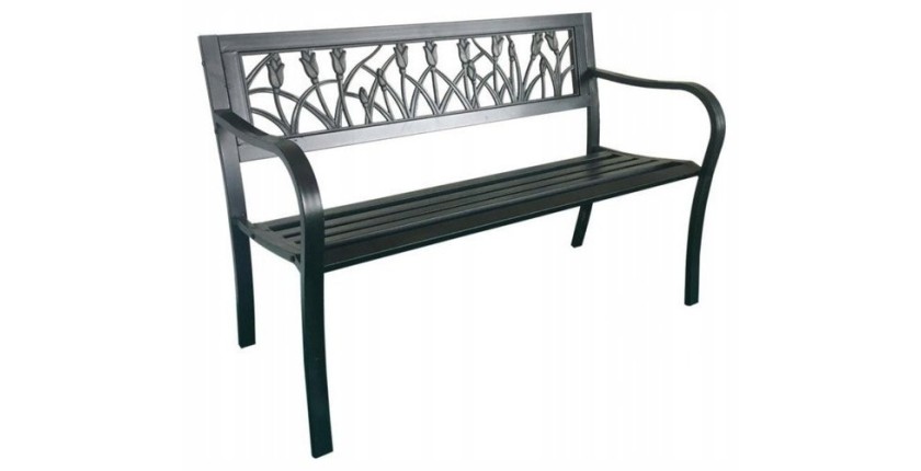 Banc d’extérieur FERONA 125 cm acier noir motif tulipes design jardin