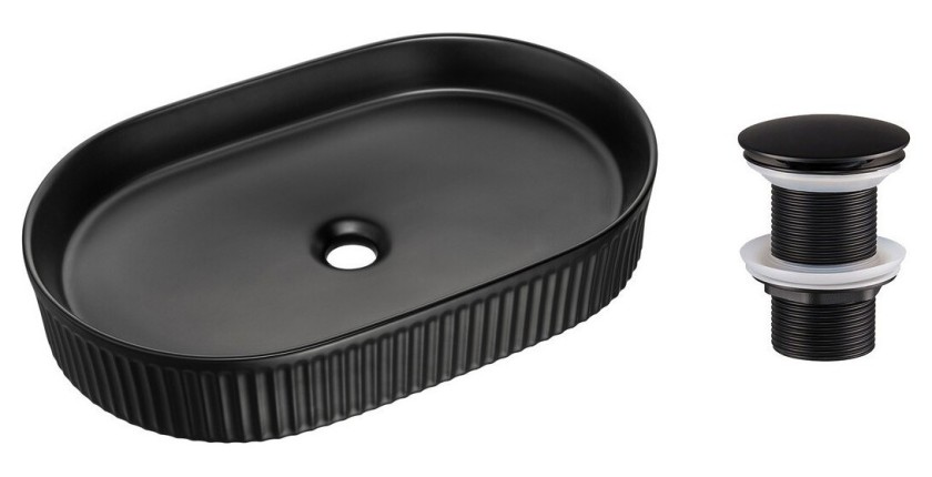 Vasque à poser ovale 56x36 cm noir mat avec bonde clic-clac noire incluse
