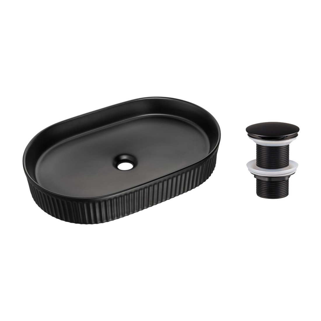 Vasque à poser ovale 56x36 cm noir mat avec bonde clic-clac noire incluse