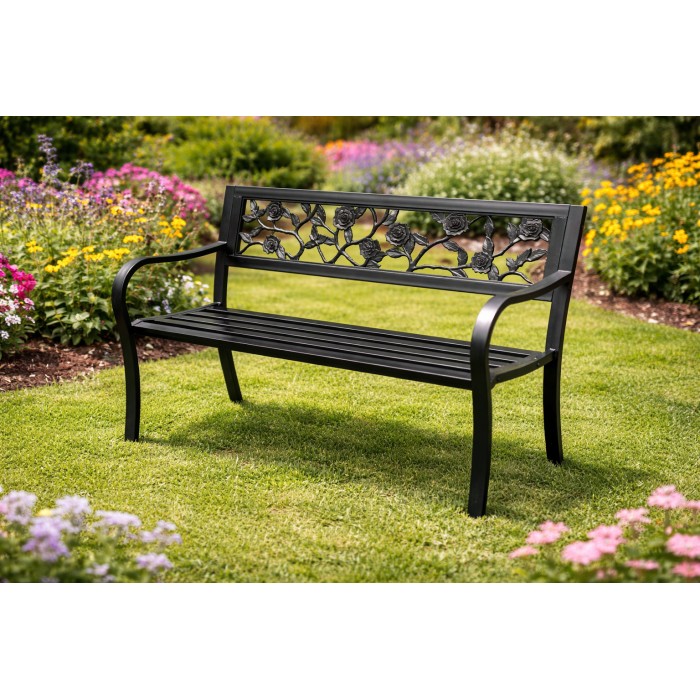 Außenbank MODERNA 125 cm Stahl schwarz mit Rosenmuster