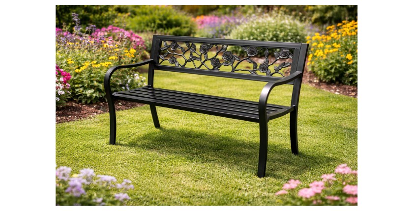 Banc d’extérieur MODERNA 125 cm acier noir motif roses
