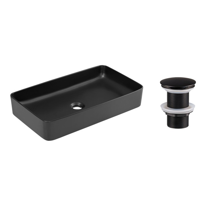 Vasque à poser rectangulaire 61x34 cm noir mat avec bonde clic-clac noire incluse