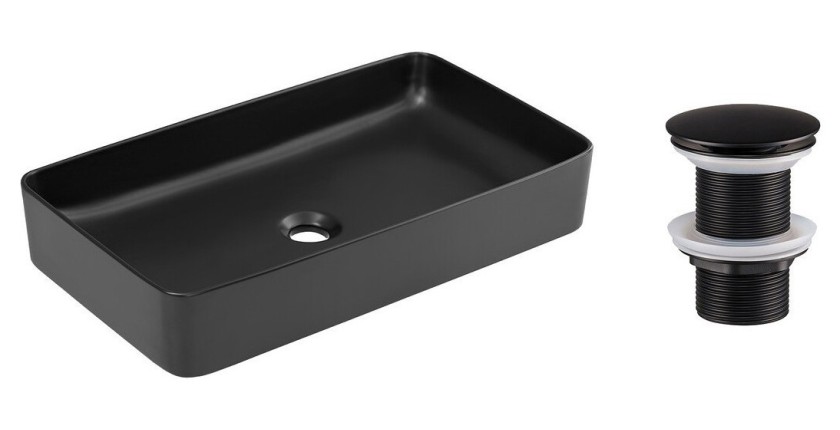 Vasque à poser rectangulaire 61x34 cm noir mat avec bonde clic-clac noire incluse