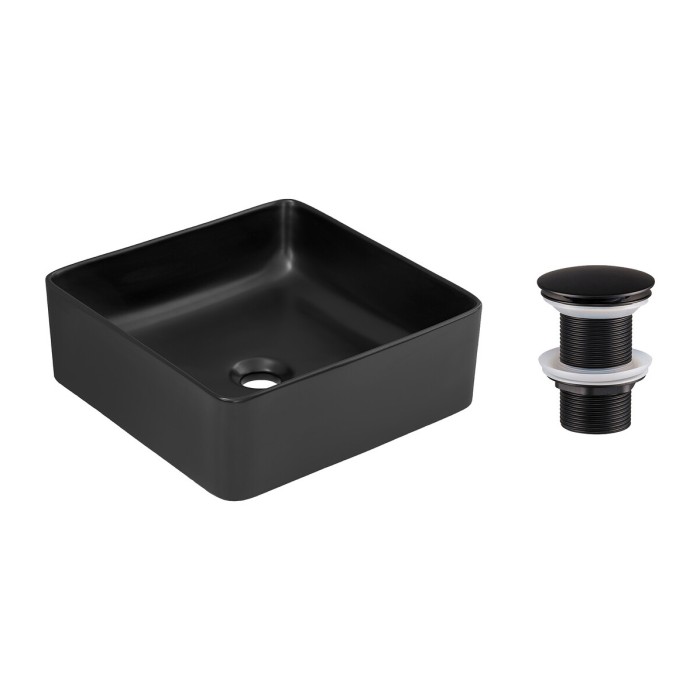 Lavabo da appoggio quadrato 37x37 cm nero opaco con piletta click-clack nera inclusa