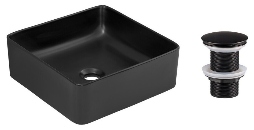 Vasque à poser carrée 37x37 cm noir mat avec bonde clic-clac noire incluse