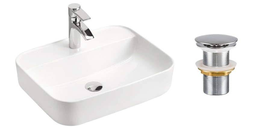 Vasque à poser rectangulaire 50x40 cm blanc brillant avec bonde clic-clac métal incluse