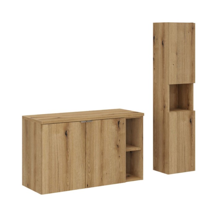 Set VANO effetto rovere 130cm: mobile sottolavabo con armadietti e nicchie a vista + piano per lavabo + colonna